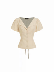 Cotton-blend Striped Puff Sleeve Tie-back Blouse