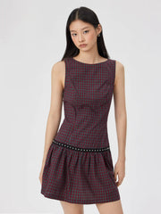 Cotton-blend Round Neck Plaid Studded A-line Mini Dress