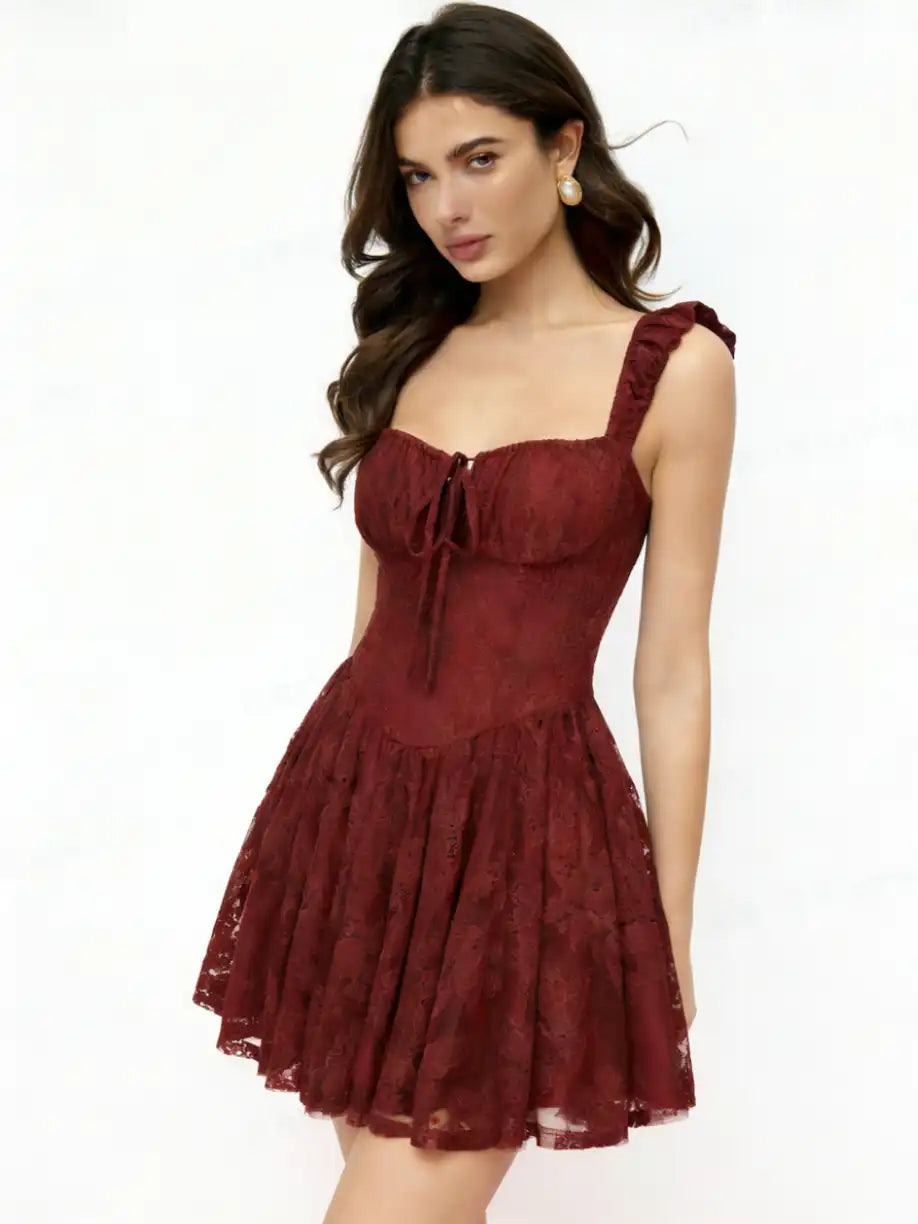 Cotton-blend Sweetheart Floral Lace Knotted Tank Mini Dress