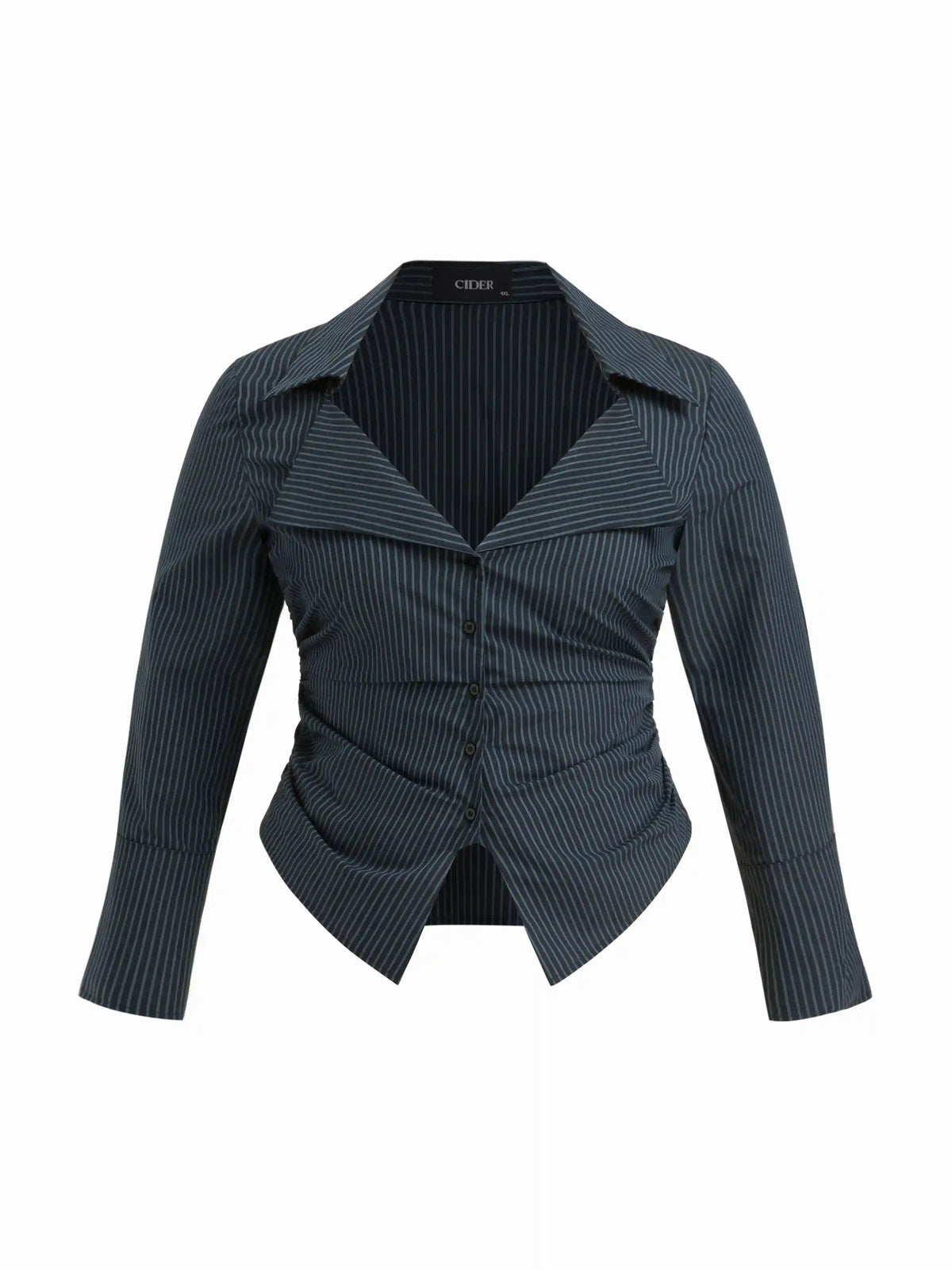 Cotton-blend Stripe Collar Long Sleeve Ruched Belted Shirt Curve & Plus