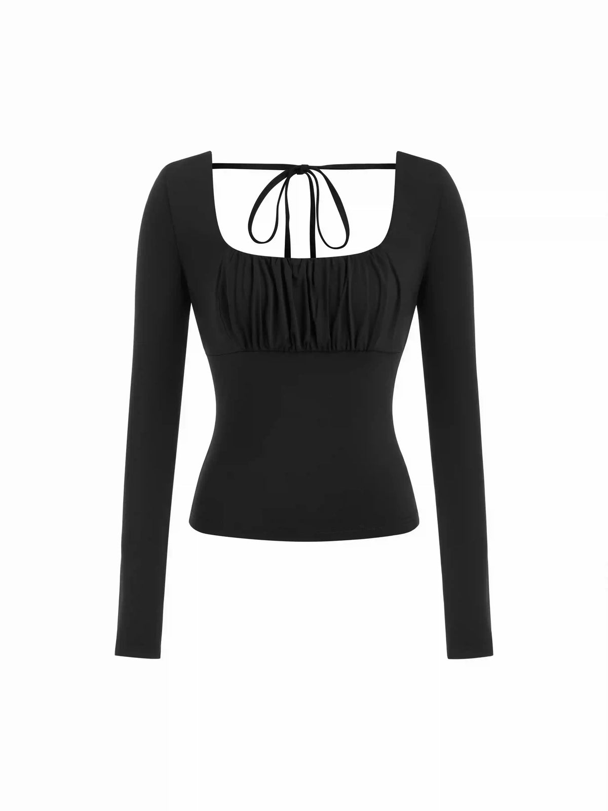 Square Neck Long Sleeve Drawstring Ruched Top