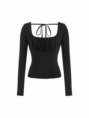 Square Neck Long Sleeve Drawstring Ruched Top