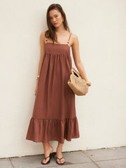 Oversized Ruched Beaded Strap Detail Milkmaid Maxi Dress