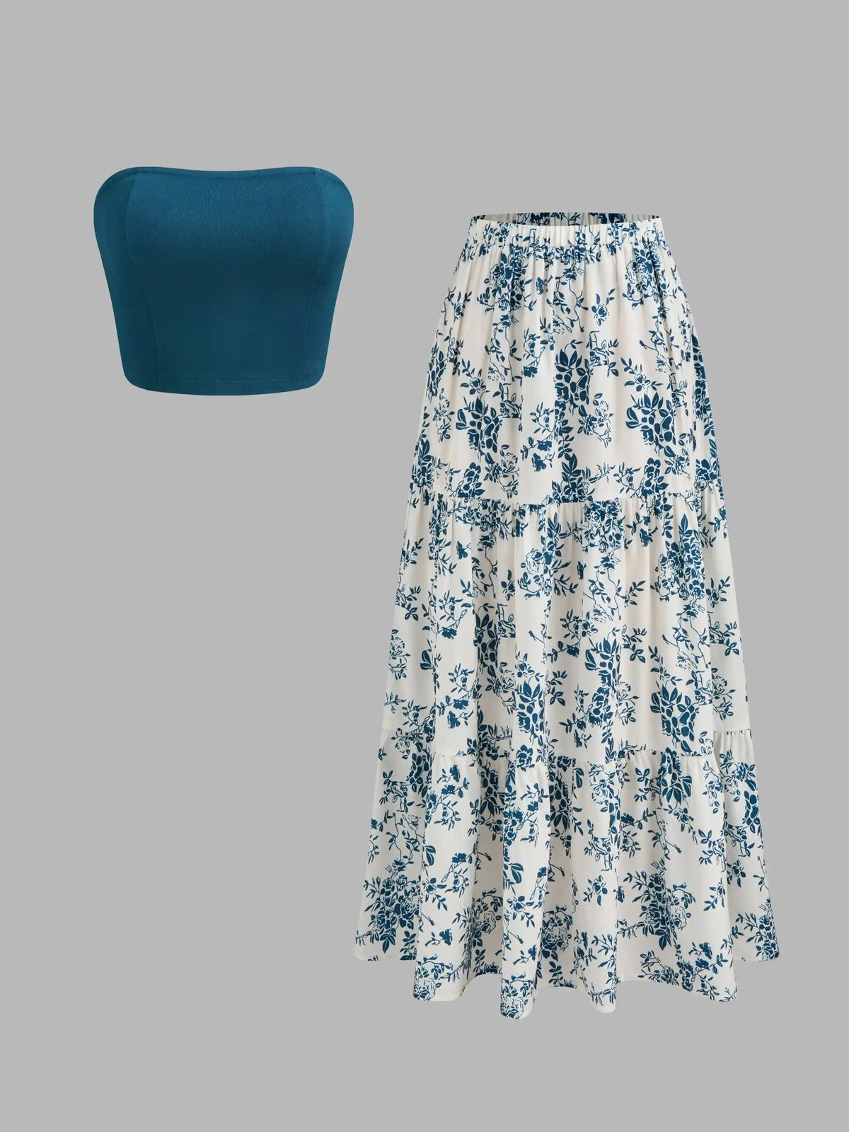 Solid Crop Tube Top & Mid Rise Floral Ruffle Tiered Maxi Skirt Set