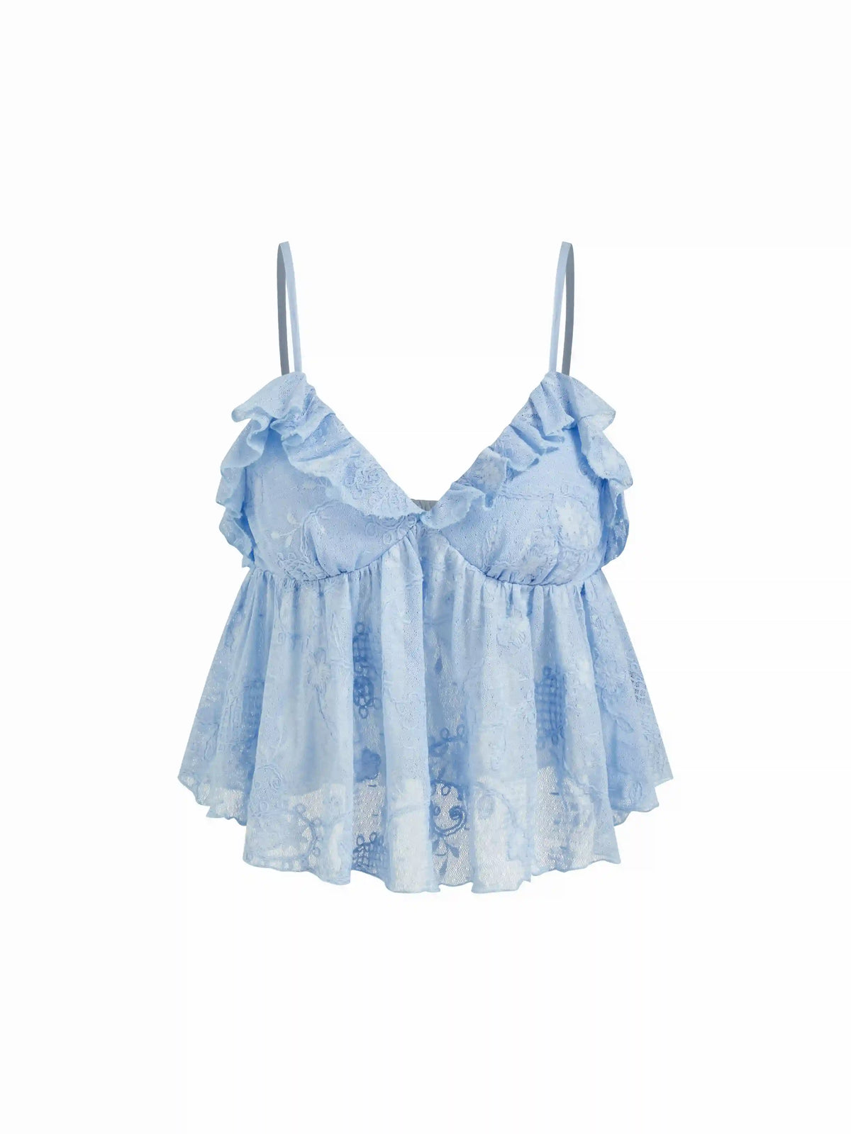 V-neck Floral Stitch Ruffle Hem Cami Top