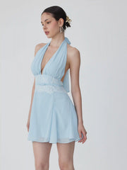 Chiffon Halter Neckline Backless Lace Panel Bowknot A-line Mini Dress