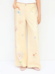 Denim Low Rise Floral Applique Metal Detail Wide Leg Jeans