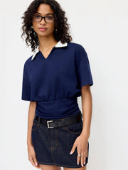 Cotton-blend Two-tone Collar Batwing Sleeve Shirred Hem Top