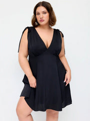 Satin V-neck Drawstring A-line Mini Dress Curve & Plus