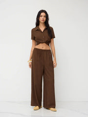 Mid Rise Texture Elastic Waist Straight Leg Trousers