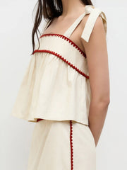 Linen-blend Knotted Contrasting Binding Oversized Cami Top