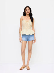 Cotton-blend Shirred Waist Bowknot Cami Top