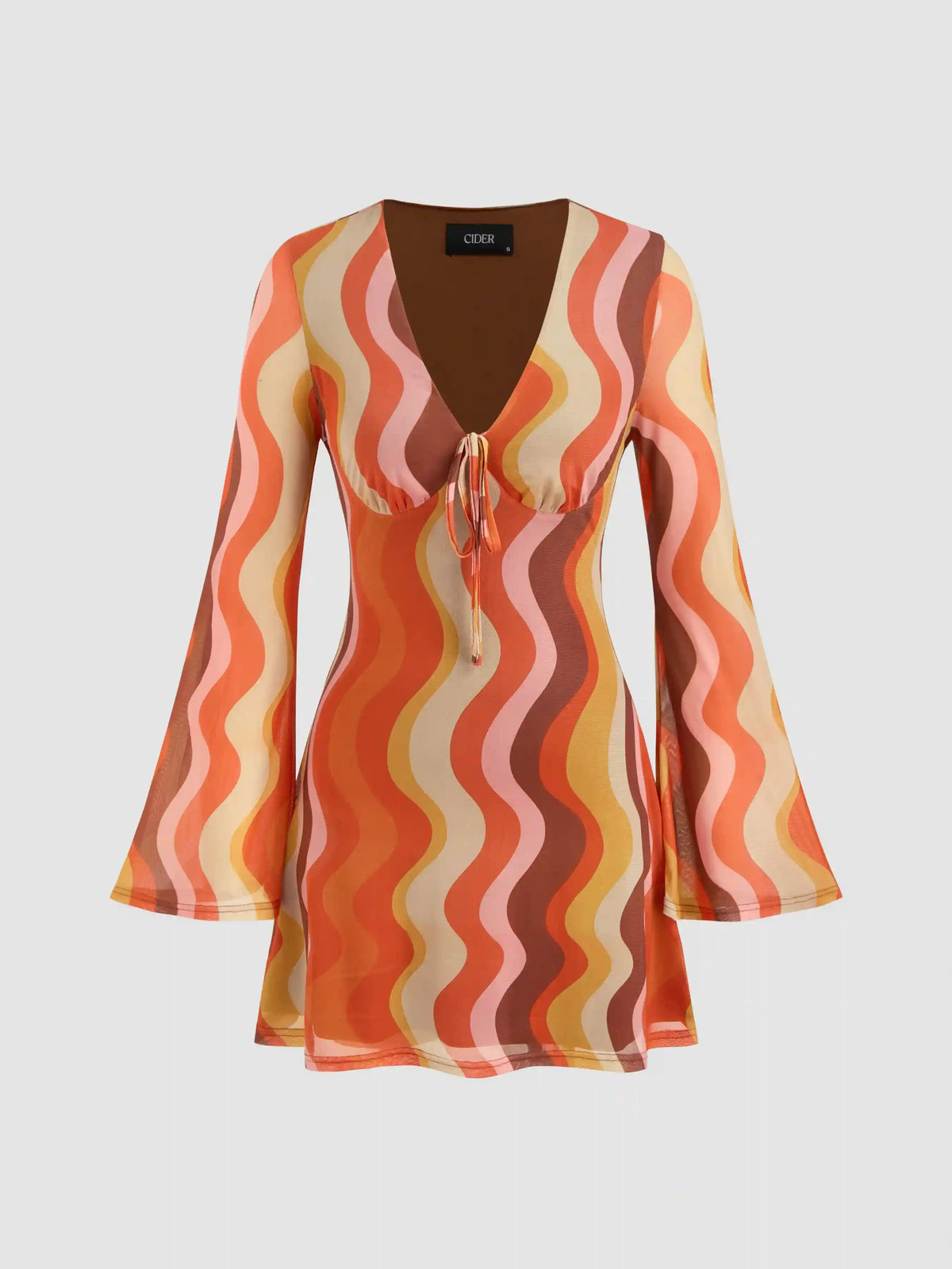 Mesh V-neck Abstract Wave Knotted Mini Dress
