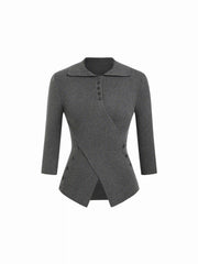 Knit Collar Cinched Waist Asymmetrical Hem Top
