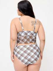 V-neck Checks Bowknot Tankini & Mid Rise Full Coverage Bikini Bottom Set Curve & Plus