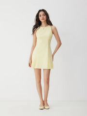 Linen-blend Ruched Pleated A-line Mini Dress