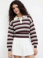 Knit Polo Striped Lantern Sleeve Top