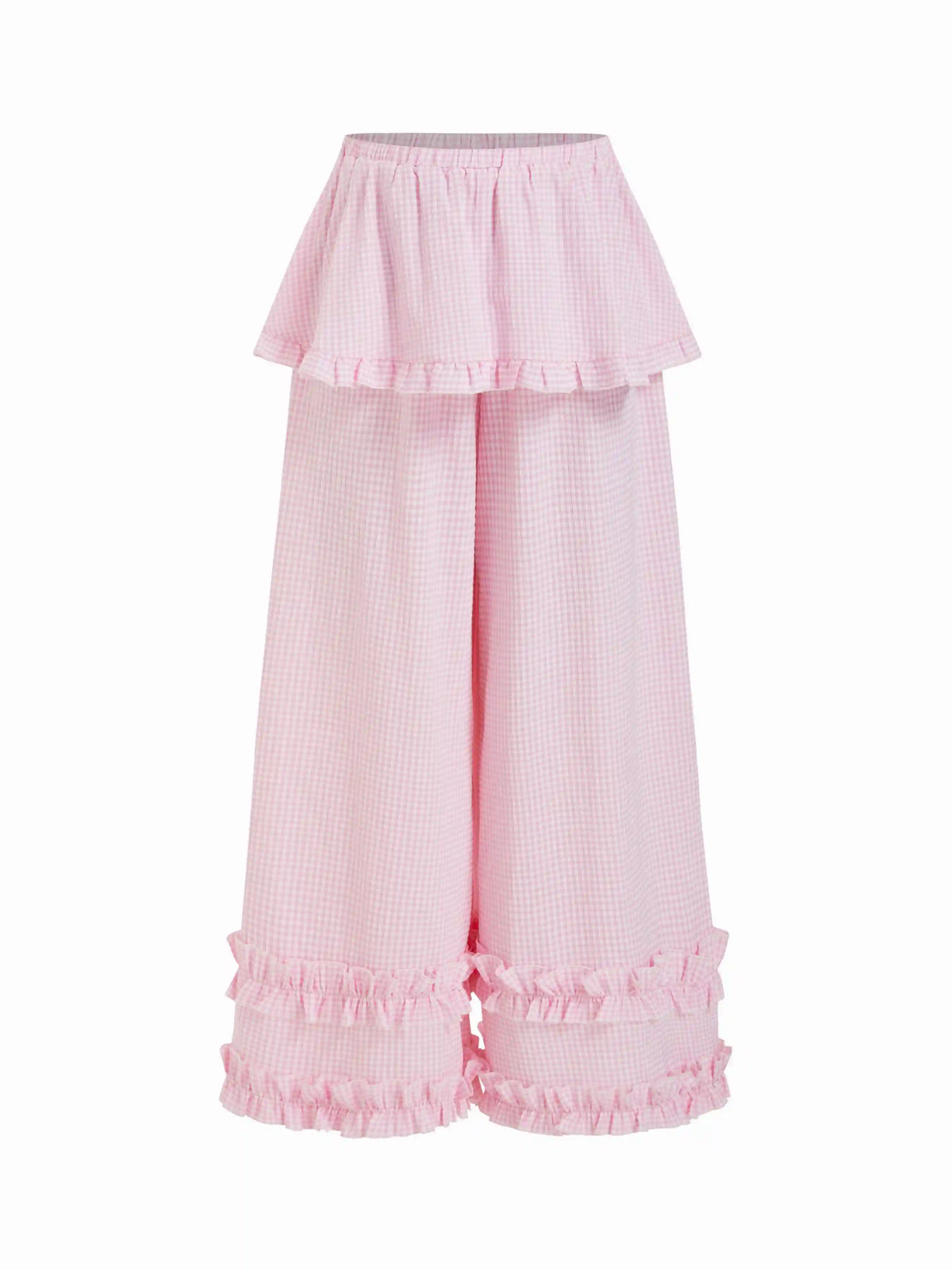 Gingham Mid Rise Ruffled Peplum Lettuce Trim Oversized Wide Leg Trousers