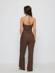 Linen-blend Halter Neckline Asymmetrical Top & Low Rise Straight Leg Trousers Set