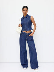 Denim High Rise Metal Detail Wide Leg Jeans