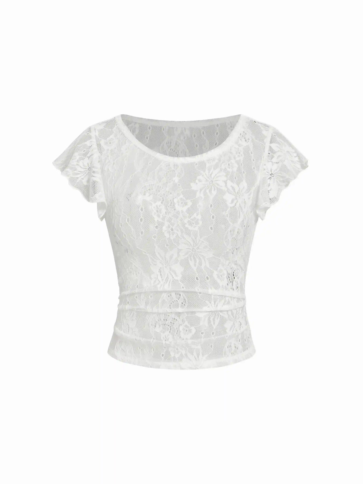 Lace Round Neckline See-Through Short Sleeve Top