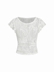 Lace Round Neckline See-Through Short Sleeve Top