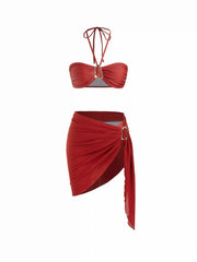 Triangle Bandeau Skirt Bikini 3-pieces Set With Sheer Sarong