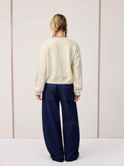 Knit Round Neckline Fish Graphic Contrasting Binding Oversized Top