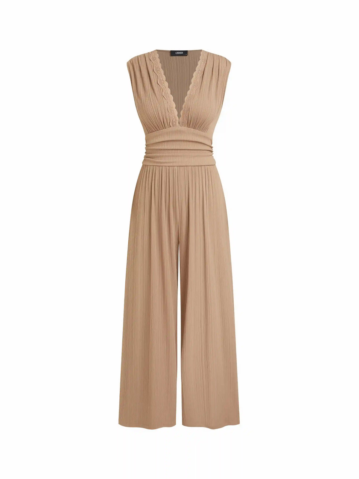 V-neck Lace Trim Ruched Wide Leg Jumpsuit