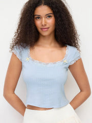 Cotton-blend Pointelle Square Neck Short Sleeve Lace Trim Bowknot Tee
