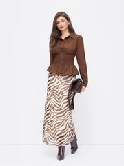 Collar Long Sleeve Shirred Ruffled Hem Blouse