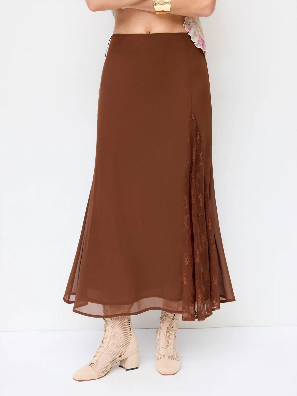 Chiffon Mid Rise Lace Panel Mermaid Maxi Skirt