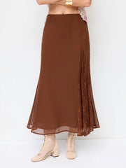 Chiffon Mid Rise Lace Panel Mermaid Maxi Skirt