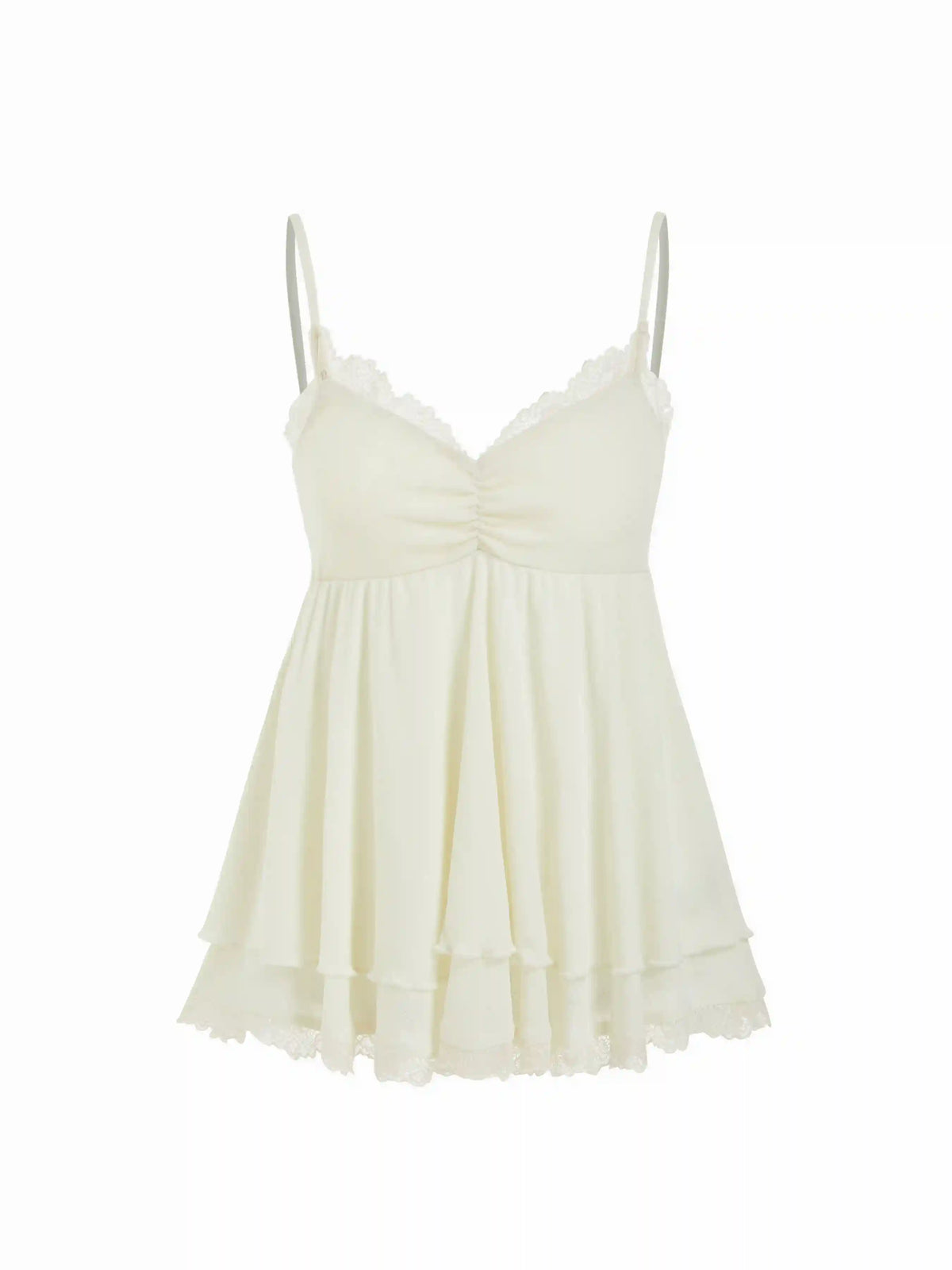 V-Neck Ruffled Ruched Lace Trim Cami Top