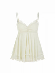 V-Neck Ruffled Ruched Lace Trim Cami Top