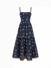 Embroidery Floral Tiered Lace Trim Flared Maxi Dress