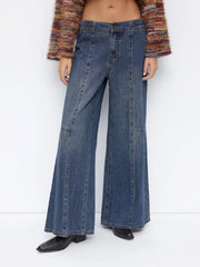 Denim Low Rise Elastic Waist Oversized Wide Leg Jeans