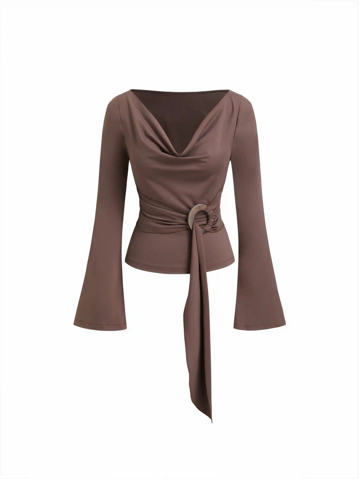 Cowl Neck Ruched O-ring Bell Sleeve Top