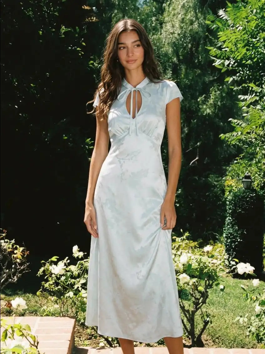 Jacquard Floral Sweetheart Puff Sleeve Cut Out A-line Maxi Dress