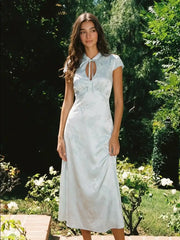 Jacquard Floral Sweetheart Puff Sleeve Cut Out A-line Maxi Dress