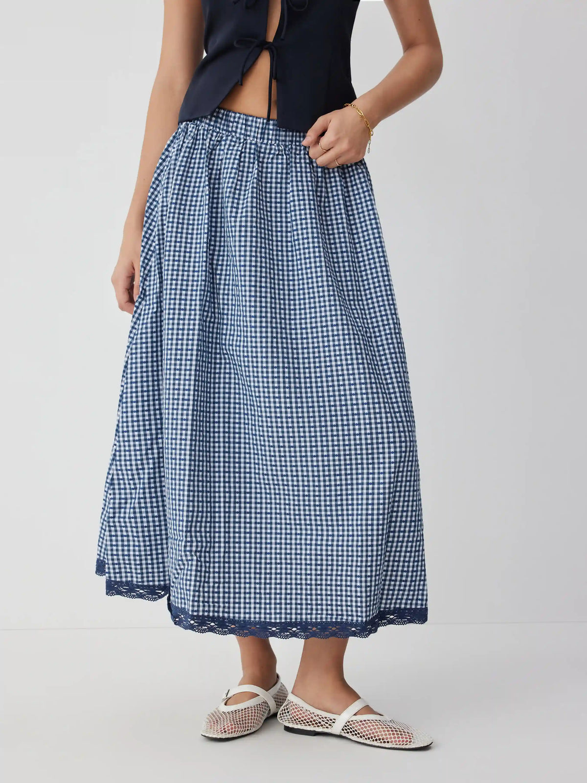 High Rise Gingham Lace Trim A-line Maxi Skirt