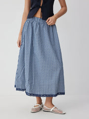 High Rise Gingham Lace Trim A-line Maxi Skirt