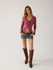 Velvet V-neck Long Sleeve Lace Up Top
