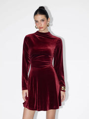 Velvet Stand Collar Ruched Zipper Mini Dress