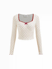 Sweetheart Polka Dot Bowknot Crop Top & Mid Rise Lettuce Trim Trousers Loungewear Set