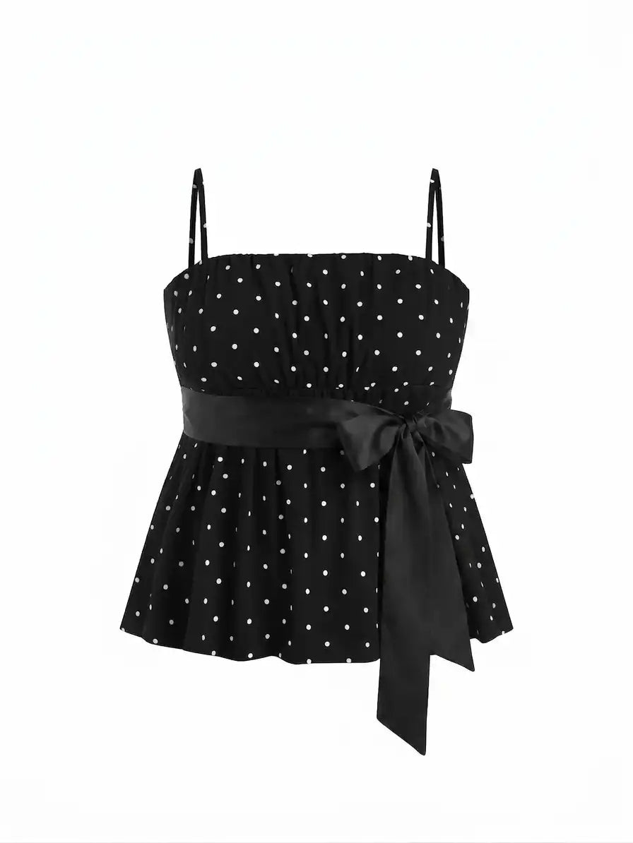Cotton-blend Polka Dot Satin Bow Belt Cami Top Curve & Plus