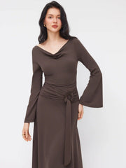 Cowl Neck Bell Sleeve O-Ring Ruched Ruffle Hem Midi Dress