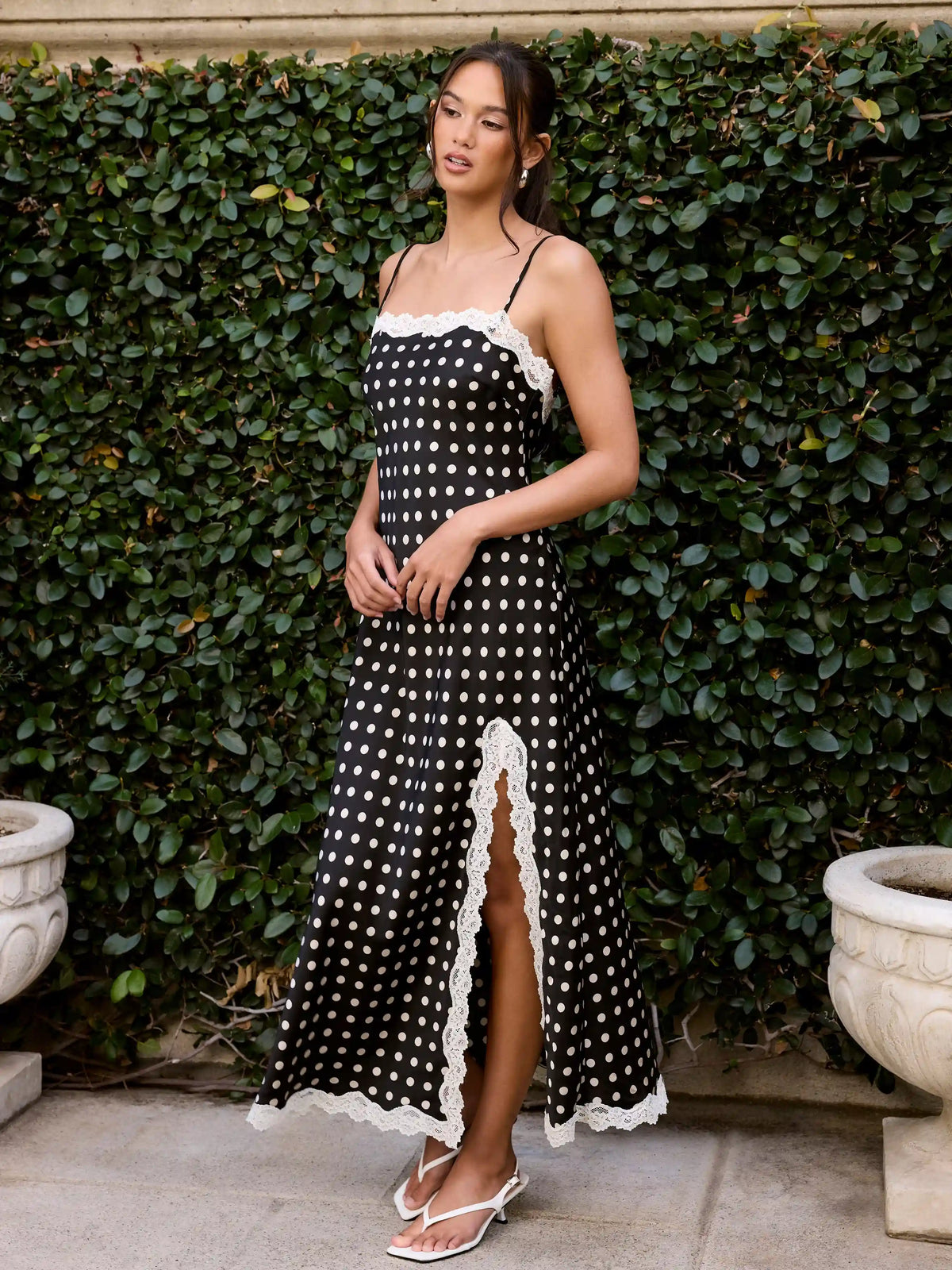 Satin Polka Dot Lace Panel Split Slip Maxi Dress