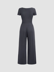 V-neck Solid Ruched Straight Leg Jumpsuit