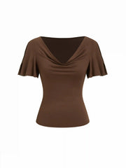 High Stretch Cowl Neck Ruffle Sleeve Tee